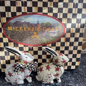 Pair of Sweet MacKenzie Childs ROSIE RABBIT Bunny Courtly Check Pink Roses
